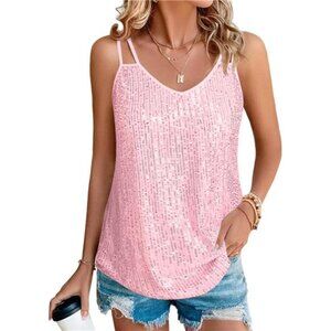 Womens Sequin Tops V Neck Tank Tops Pink